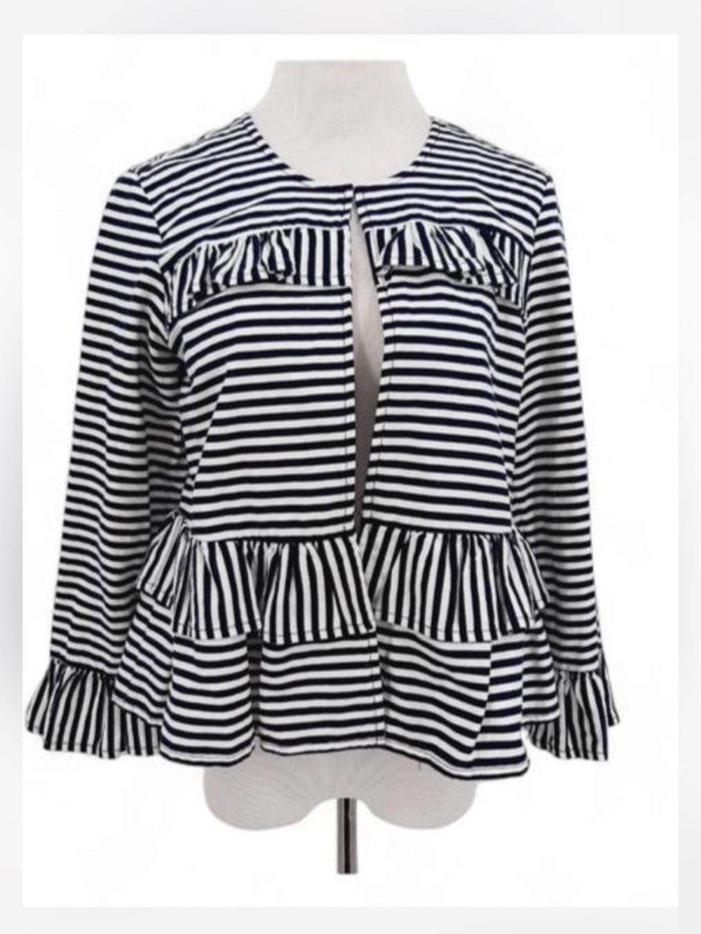 Ann Taylor LOFT open-front linen-blend ruffle peplum jacket, navy/white stripes.